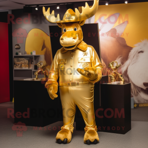 Gold Moose mascot costume character dressed with a Flare Jeans and Lapel pins