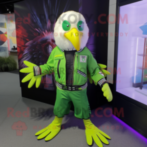 Lime Green Bald Eagle mascot costume character dressed with a Moto Jacket and Backpacks