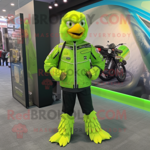 Lime Green Bald Eagle mascot costume character dressed with a Moto Jacket and Backpacks