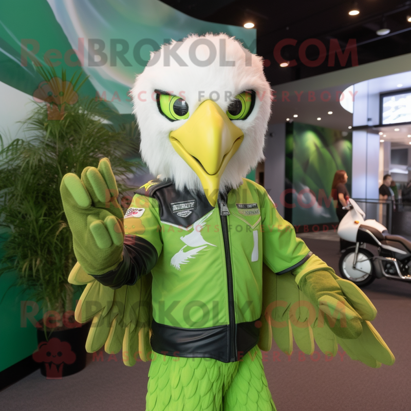 Lime Green Bald Eagle mascot costume character dressed with a Moto Jacket and Backpacks