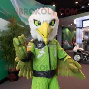 Lime Green Bald Eagle mascot costume character dressed with a Moto Jacket and Backpacks
