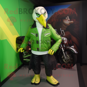 Lime Green Bald Eagle mascot costume character dressed with a Moto Jacket and Backpacks