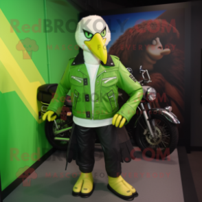 Lime Green Bald Eagle mascot costume character dressed with a Moto Jacket and Backpacks