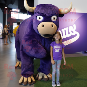 Purple Buffalo mascot costume character dressed with a Mom Jeans and Headbands