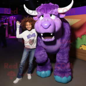 Purple Buffalo mascot costume character dressed with a Mom Jeans and Headbands