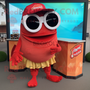 Red Fish Tacos mascot costume character dressed with a Mini Skirt and Sunglasses