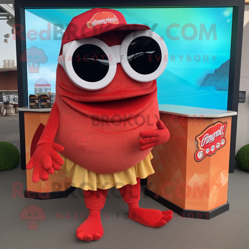 Red Fish Tacos mascot costume character dressed with a Mini Skirt and Sunglasses Red Fish Tacos mascot costume character dressed with a Mini Skirt and Sunglasses
