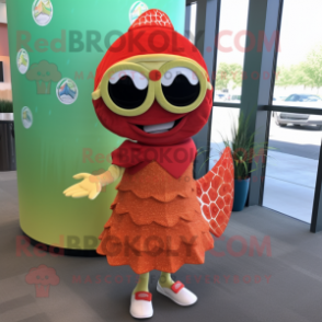 Red Fish Tacos mascot costume character dressed with a Mini Skirt and Sunglasses