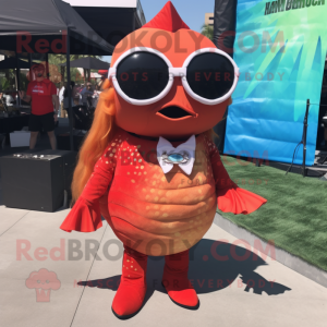 Red Fish Tacos mascot costume character dressed with a Mini Skirt and Sunglasses