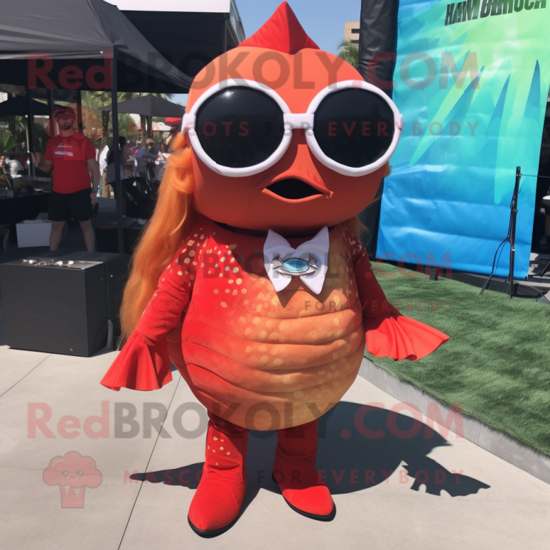 Red Fish Tacos mascot costume character dressed with a Mini Skirt and Sunglasses Red Fish Tacos mascot costume character dressed with a Mini Skirt and Sunglasses