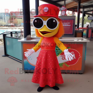 Red Fish Tacos mascot costume character dressed with a Mini Skirt and Sunglasses
