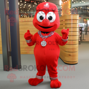 Red Bracelet mascot costume character dressed with a Henley Shirt and Bracelets