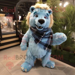 Sky Blue Smilodon mascot costume character dressed with a Flannel Shirt and Shawl pins