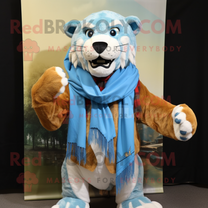 Sky Blue Smilodon mascot costume character dressed with a Flannel Shirt and Shawl pins