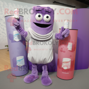 Lavender Soda Can mascot costume character dressed with a Sweater and Clutch bags