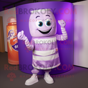 Lavender Soda Can mascot costume character dressed with a Sweater and Clutch bags