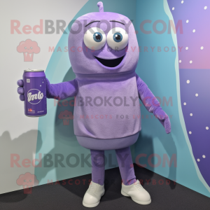 Lavender Soda Can mascot costume character dressed with a Sweater and Clutch bags