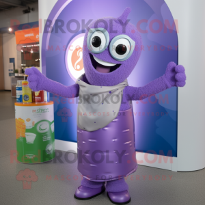 Lavender Soda Can mascot costume character dressed with a Sweater and Clutch bags