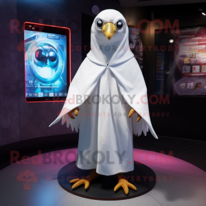 White Albatross mascot costume character dressed with a Hoodie and Shawl pins