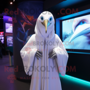 White Albatross mascot costume character dressed with a Hoodie and Shawl pins