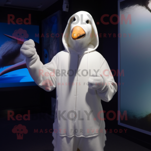 White Albatross mascot costume character dressed with a Hoodie and Shawl pins