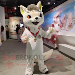 Cream Fox mascot costume character dressed with a Romper and Shoe clips