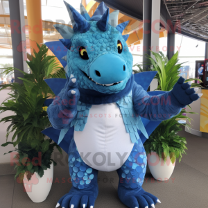 Blue Stegosaurus mascot costume character dressed with a Waistcoat and Wraps