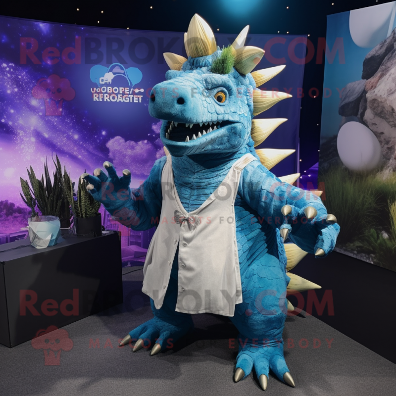 Blue Stegosaurus mascot costume character dressed with a Waistcoat and Wraps