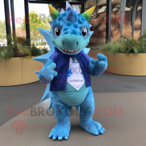 Blue Stegosaurus mascot costume character dressed with a Waistcoat and Wraps