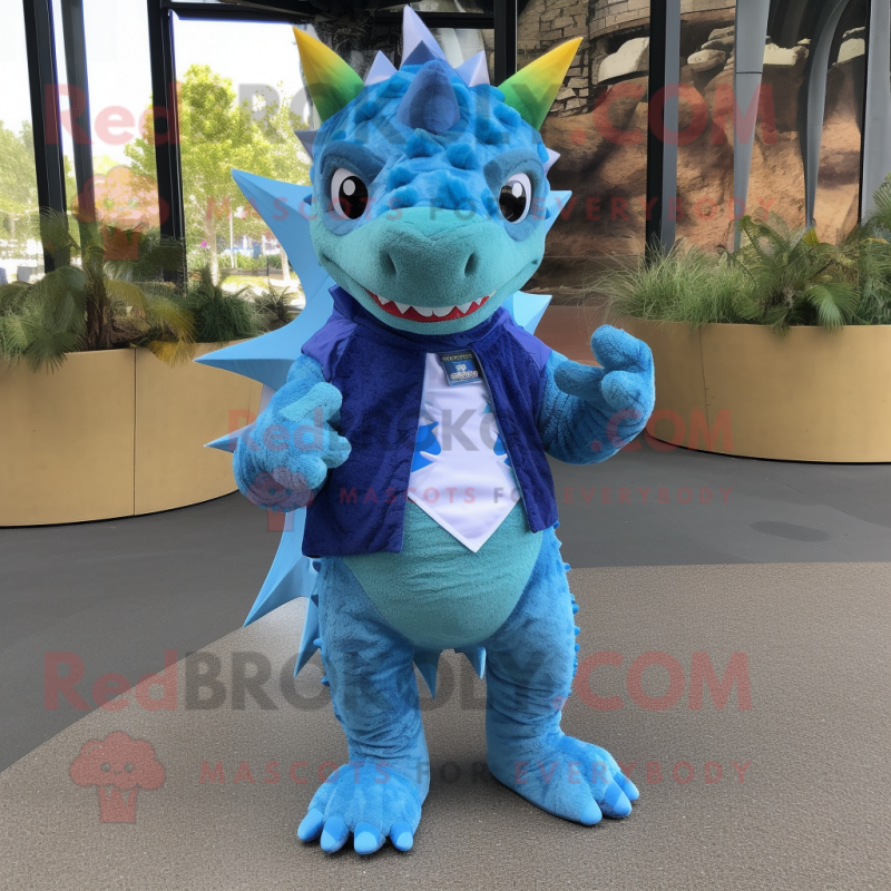Blue Stegosaurus mascot costume character dressed with a Waistcoat and Wraps