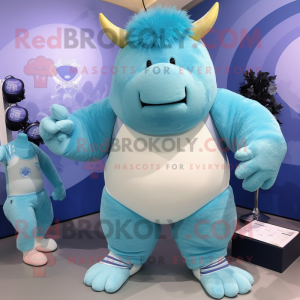 Cyan Woolly Rhinoceros mascot costume character dressed with a Yoga Pants and Keychains