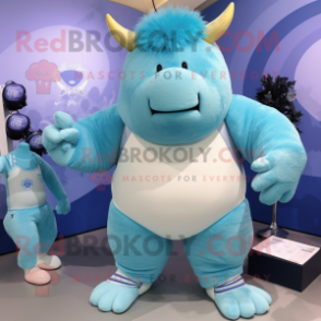 Cyan Woolly Rhinoceros mascot costume character dressed with a Yoga Pants and Keychains