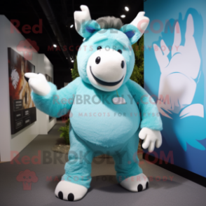 Cyan Woolly Rhinoceros mascot costume character dressed with a Yoga Pants and Keychains