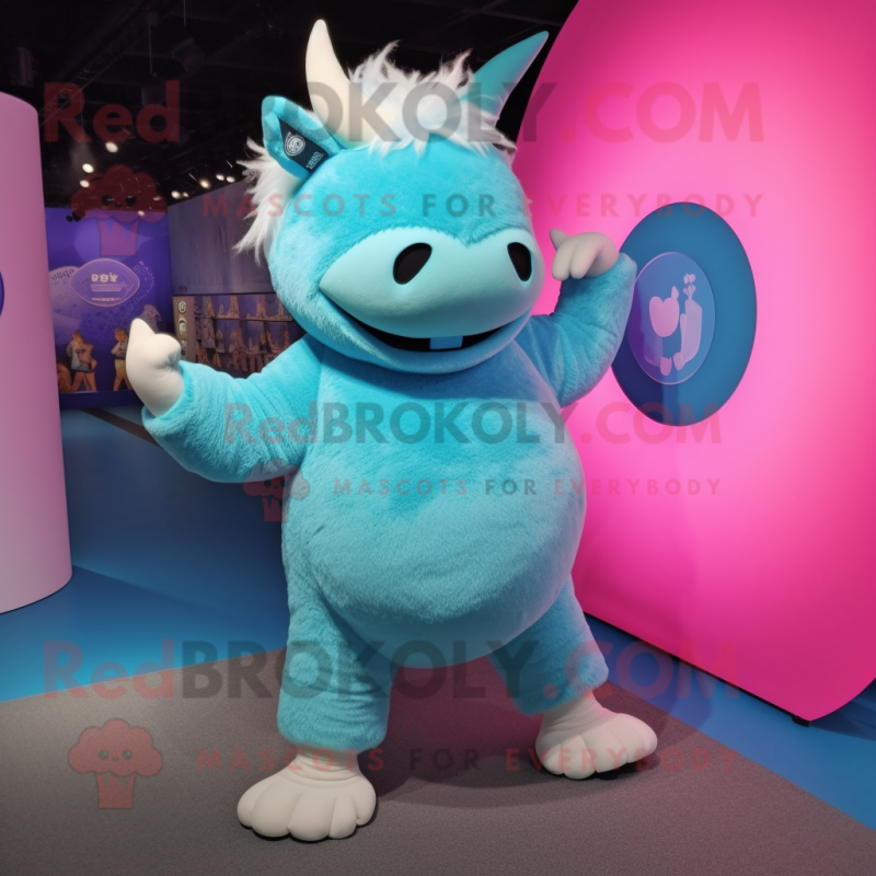 Cyan Woolly Rhinoceros mascot costume character dressed with a Yoga Pants and Keychains