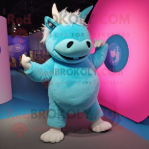 Cyan Woolly Rhinoceros mascot costume character dressed with a Yoga Pants and Keychains