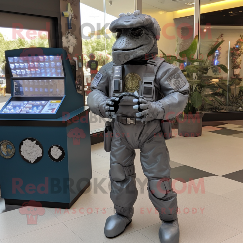 Gray Marine Recon mascot costume character dressed with a Jumpsuit and Coin purses