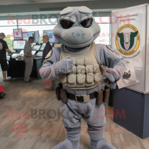 Gray Marine Recon mascot costume character dressed with a Jumpsuit and Coin purses