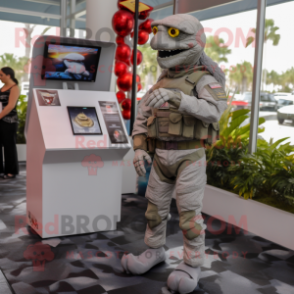 Gray Marine Recon mascot costume character dressed with a Jumpsuit and Coin purses