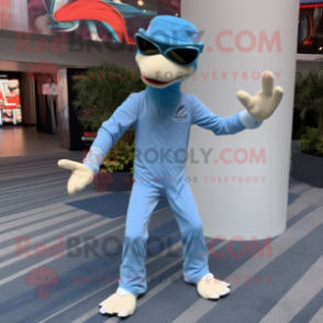 Sky Blue Velociraptor mascot costume character dressed with a Joggers and Ties