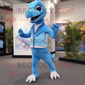Sky Blue Velociraptor mascot costume character dressed with a Joggers and Ties