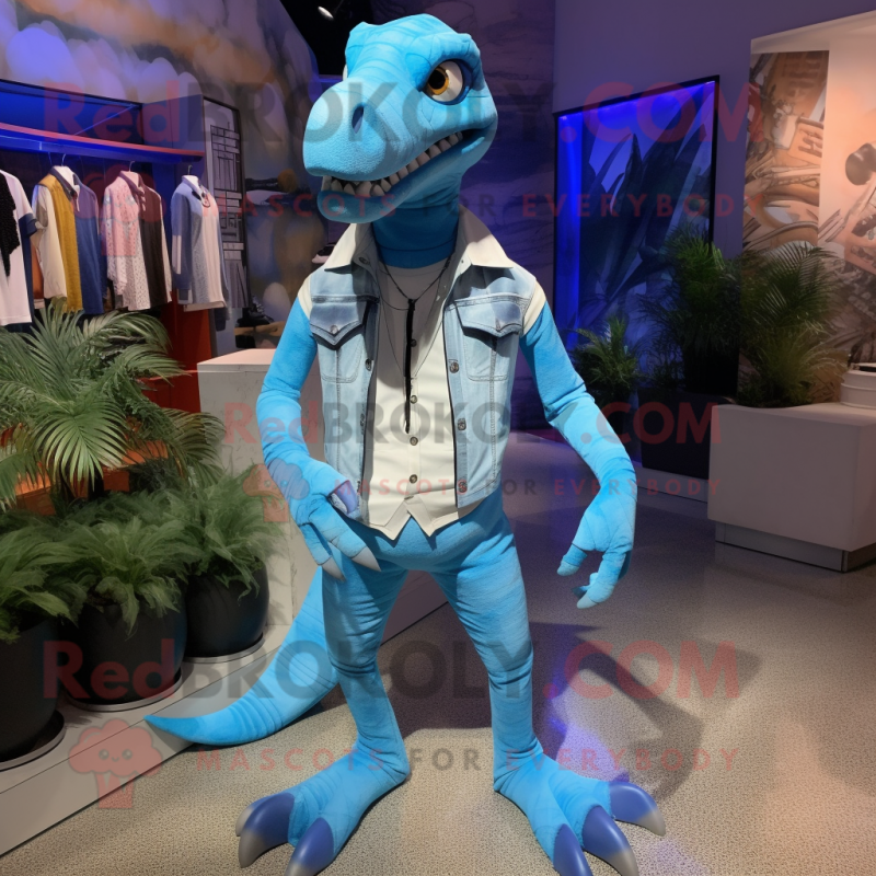 Sky Blue Velociraptor mascot costume character dressed with a Joggers and Ties