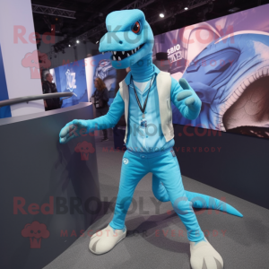 Sky Blue Velociraptor mascot costume character dressed with a Joggers and Ties