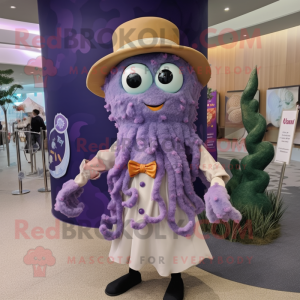 Lavender Fried Calamari mascot costume character dressed with a Vest and Hairpins