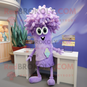 Lavender Fried Calamari mascot costume character dressed with a Vest and Hairpins