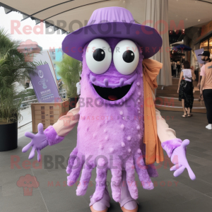 Lavender Fried Calamari mascot costume character dressed with a Vest and Hairpins