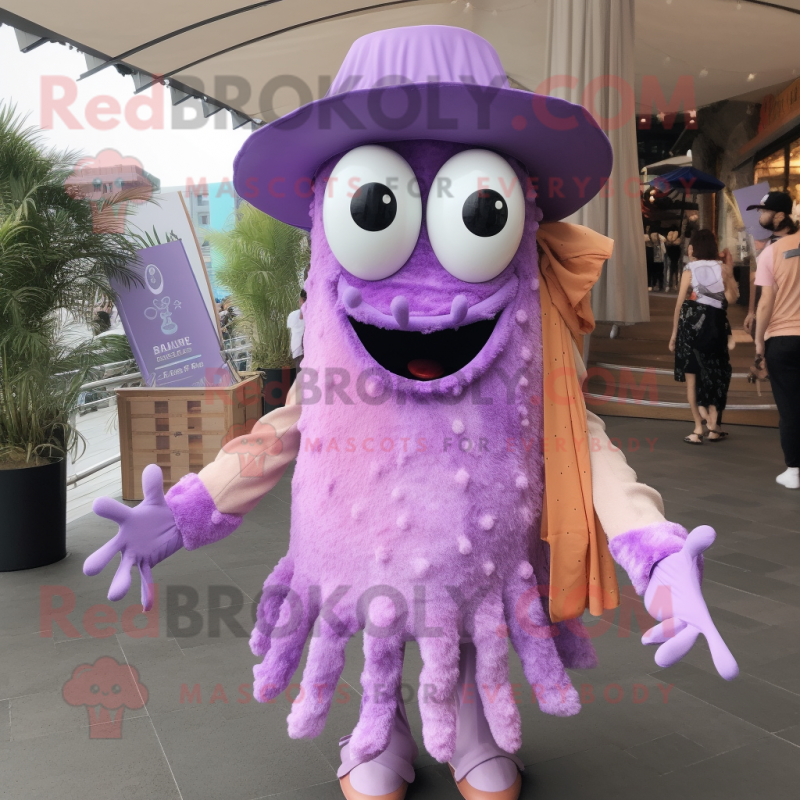 Lavender Fried Calamari mascot costume character dressed with a Vest and Hairpins Lavender Fried Calamari mascot costume character dressed with a Vest and Hairpins
