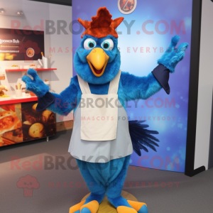 Blue Tandoori Chicken mascot costume character dressed with a Cardigan and Suspenders