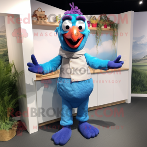 Blue Tandoori Chicken mascot costume character dressed with a Cardigan and Suspenders