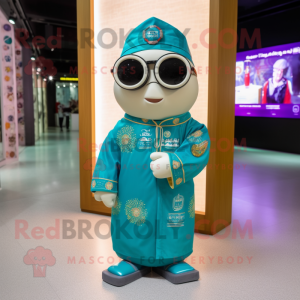 Teal Pad Thai mascot costume character dressed with a Jacket and Eyeglasses