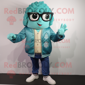 Teal Pad Thai mascot costume character dressed with a Jacket and Eyeglasses